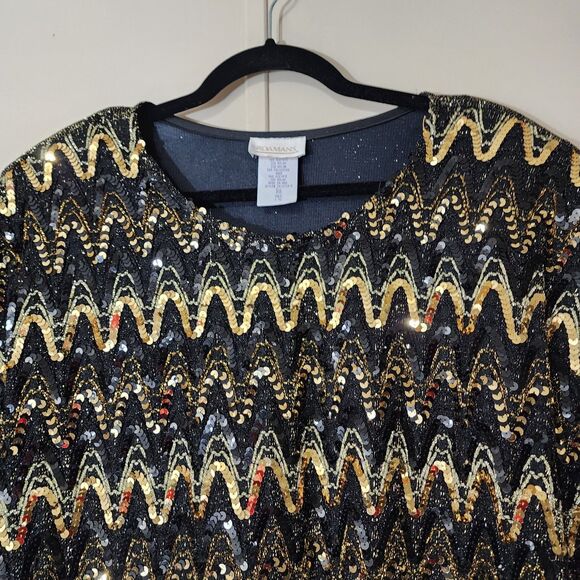 Roamans Black Gold Sequin VINTAGE Holiday Shell Top Plus Size 20/22 Stretch - Picture 9 of 16